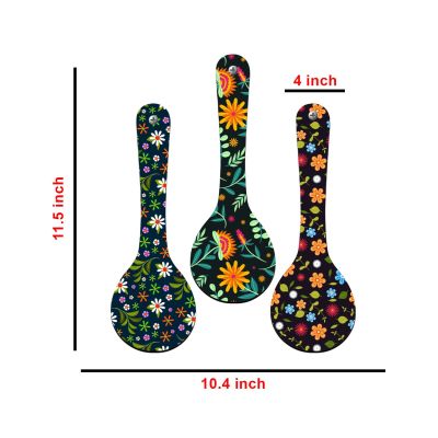 Floral Theme Wooden Spoon Wall Hanging Decor Set of 3  Flower Print MDF Wall Art for Kitchen, Dining Room, and Living Room Decoration
